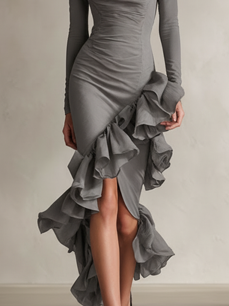 Women's Gray Long-Sleeve Ruffle Asymmetrical Midi Dress MDA2052L9AP