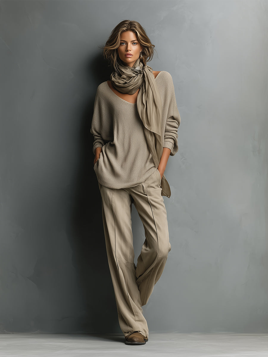Women's Beige Elegant Knit V - Neck Oversized Sweater And Wide - Leg Pants Set (Without Scarf) MDA1694I6I