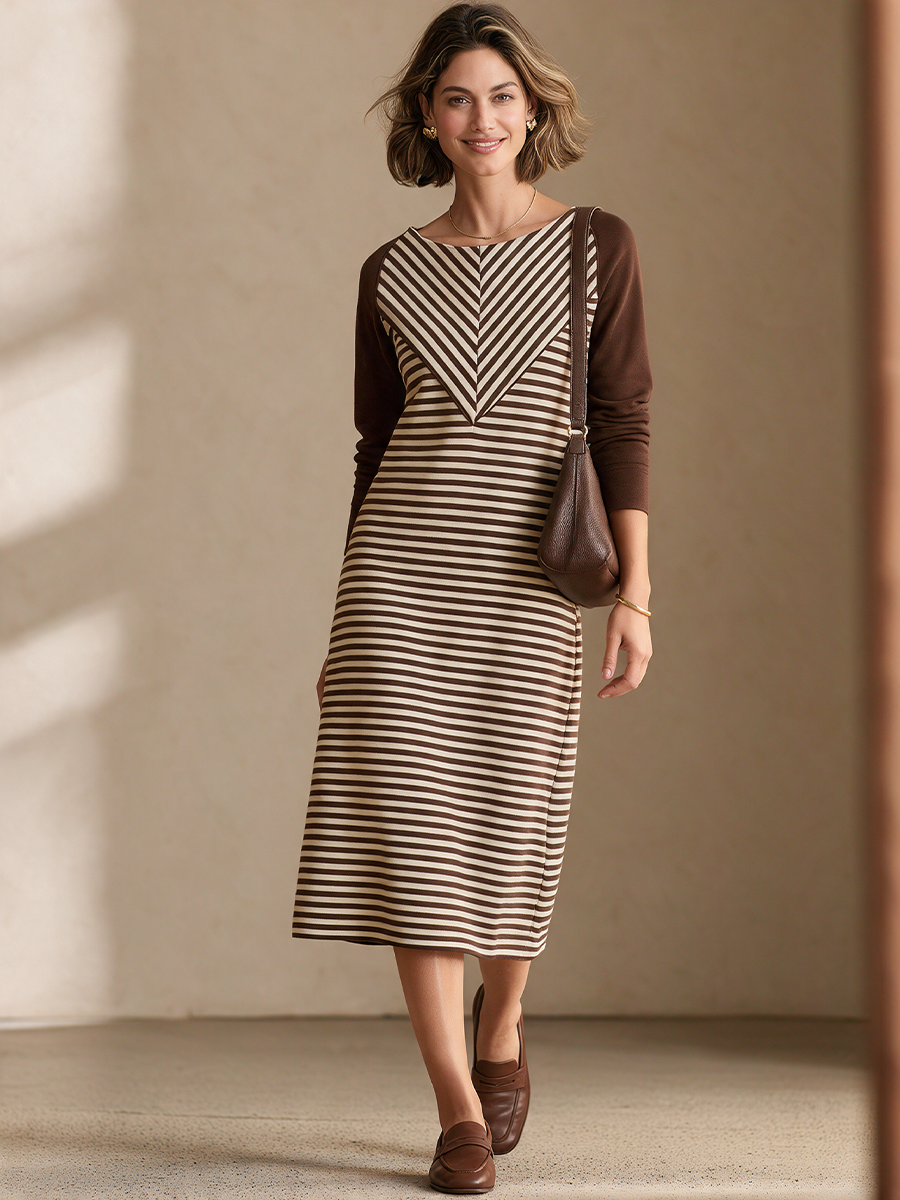 Women's Retro Striped Boat-Neck Midi Dress