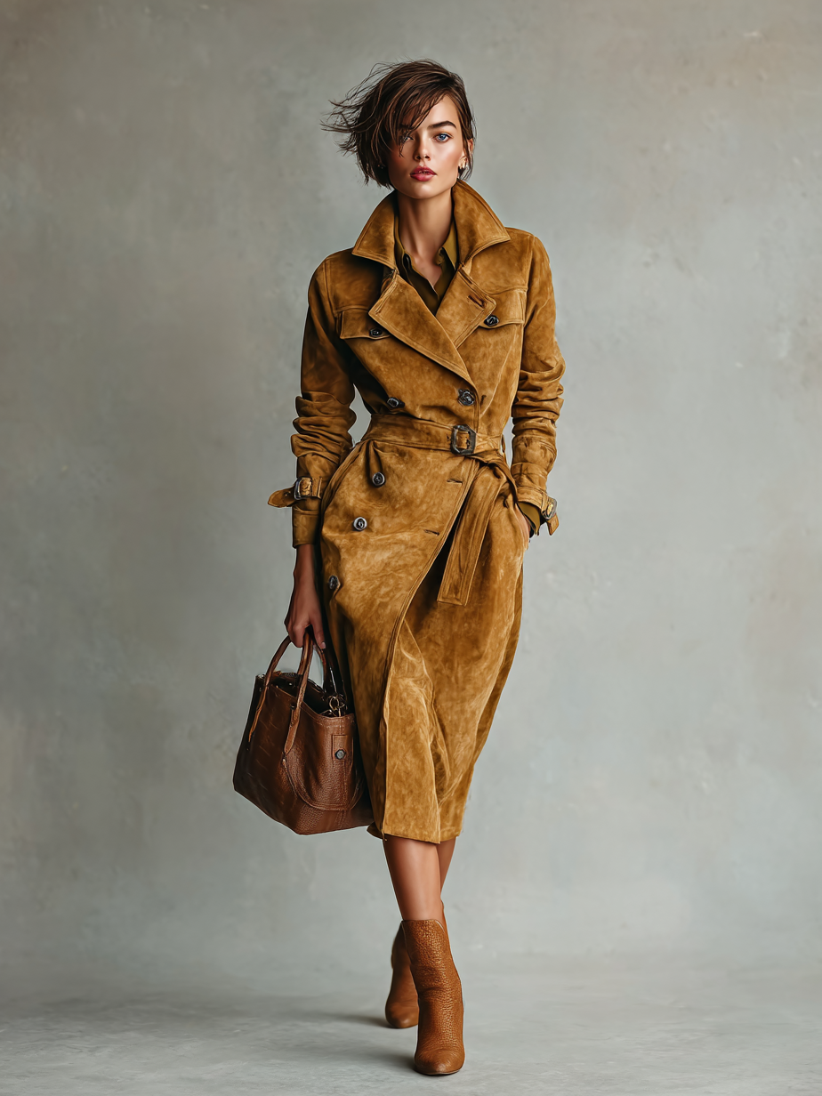 Women's Fashion Suede Double-Breasted Belted Trench Coat MDA2560H0Y