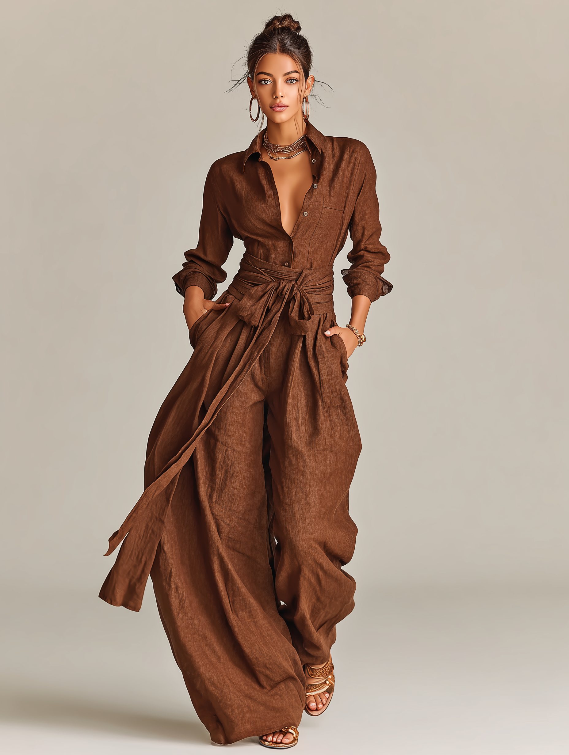 Women's Elegant Brown Woven Cotton-linen Long-sleeved Shirt Collar Jumpsuit With Belt MDA1965L9AN