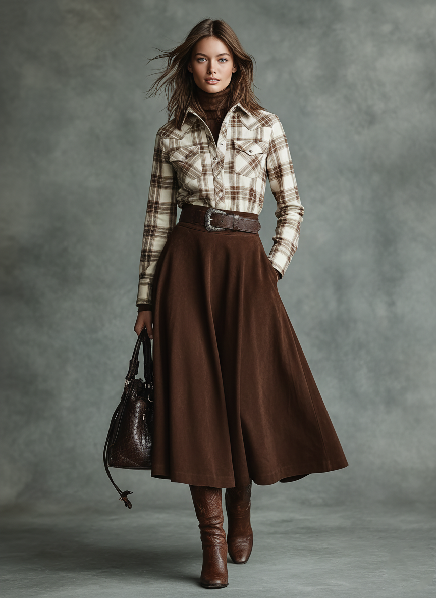 Women's Plaid Shirt And Faux Suede Umbrella Skirt Set MDA2803J6Y