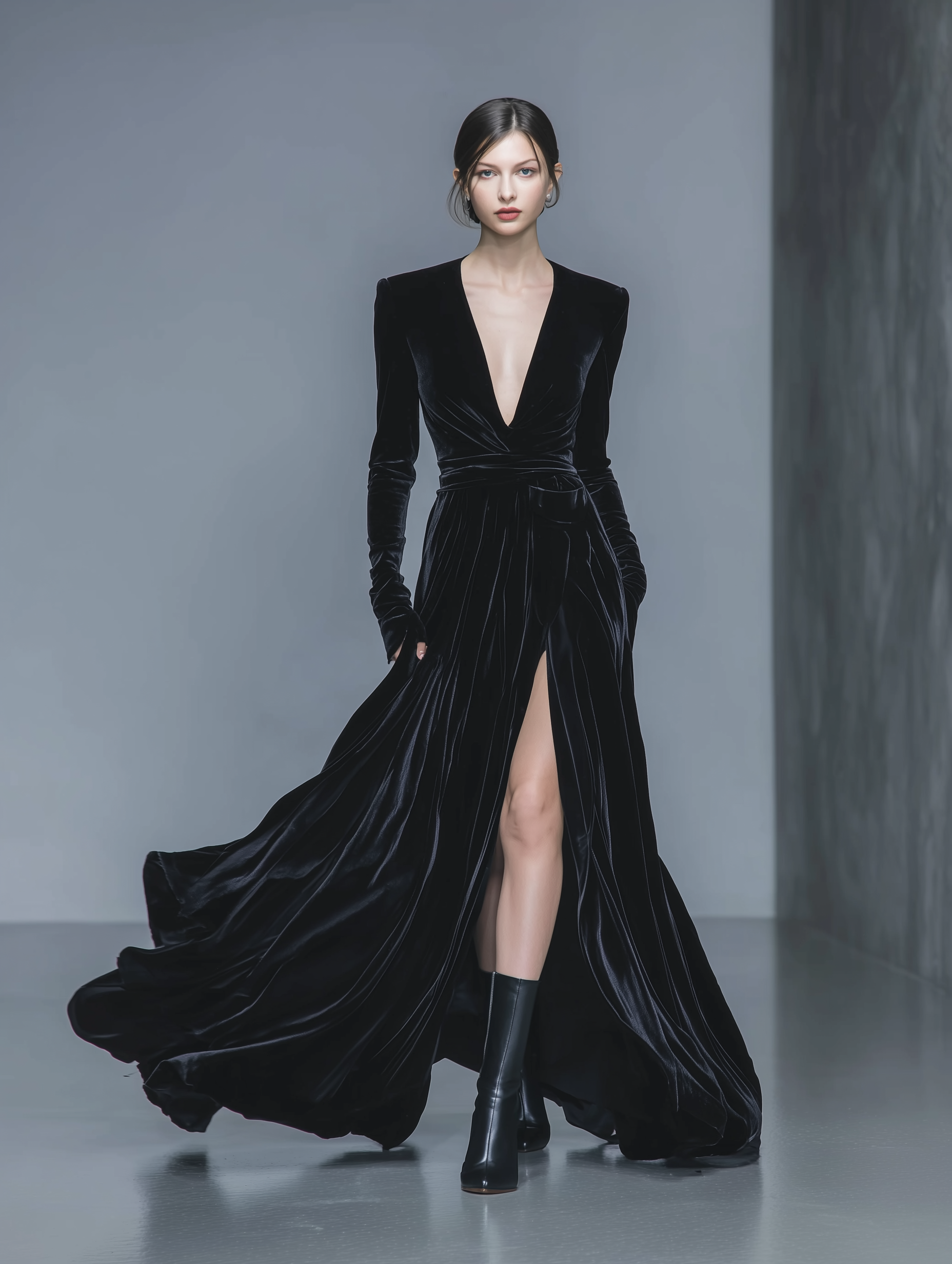 Women's Elegant Black Velvet Slim-fit V-neck Slit Maxi Dress MDA1251L4AN