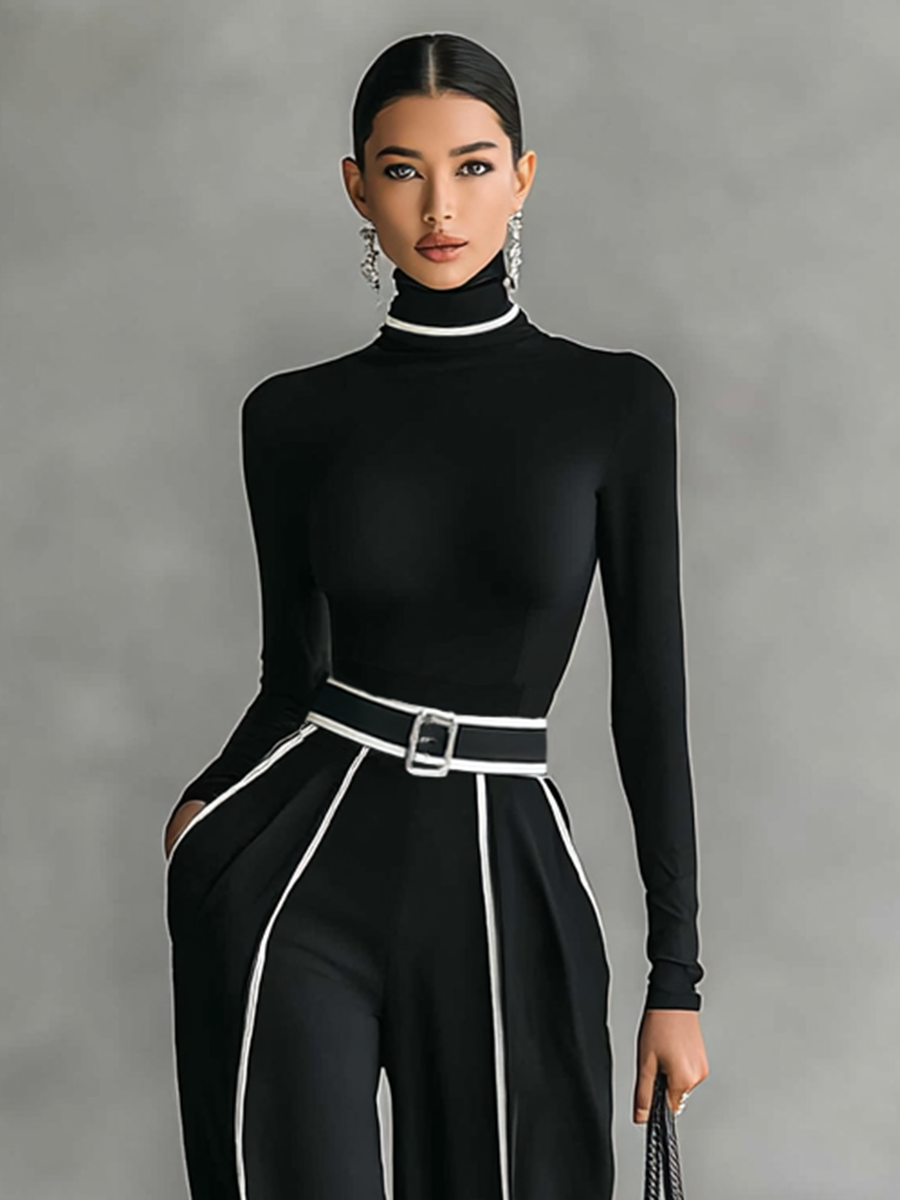 Women's White Trimmed Turtleneck Long Sleeve Top Wide Leg Pants Belt Two-Piece Set MDA1546G0Y