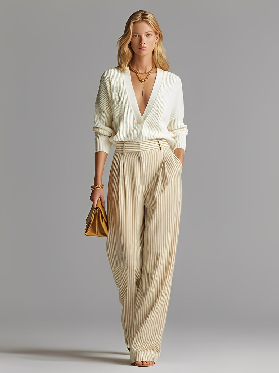 Women's Elegant Beige Ribbed Knit Top Paired With Striped Wide-leg Pants Suit MDA2452K5I