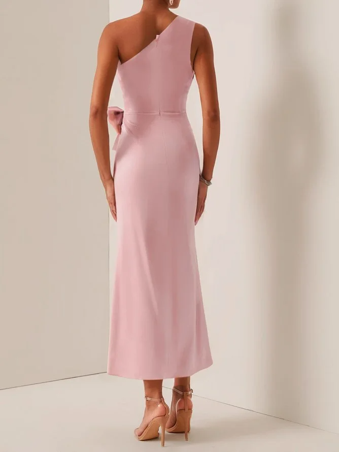 Women's Satin Waist Bow-knot Off-shoulder Slim Maxi Dress MDA1182F4Y