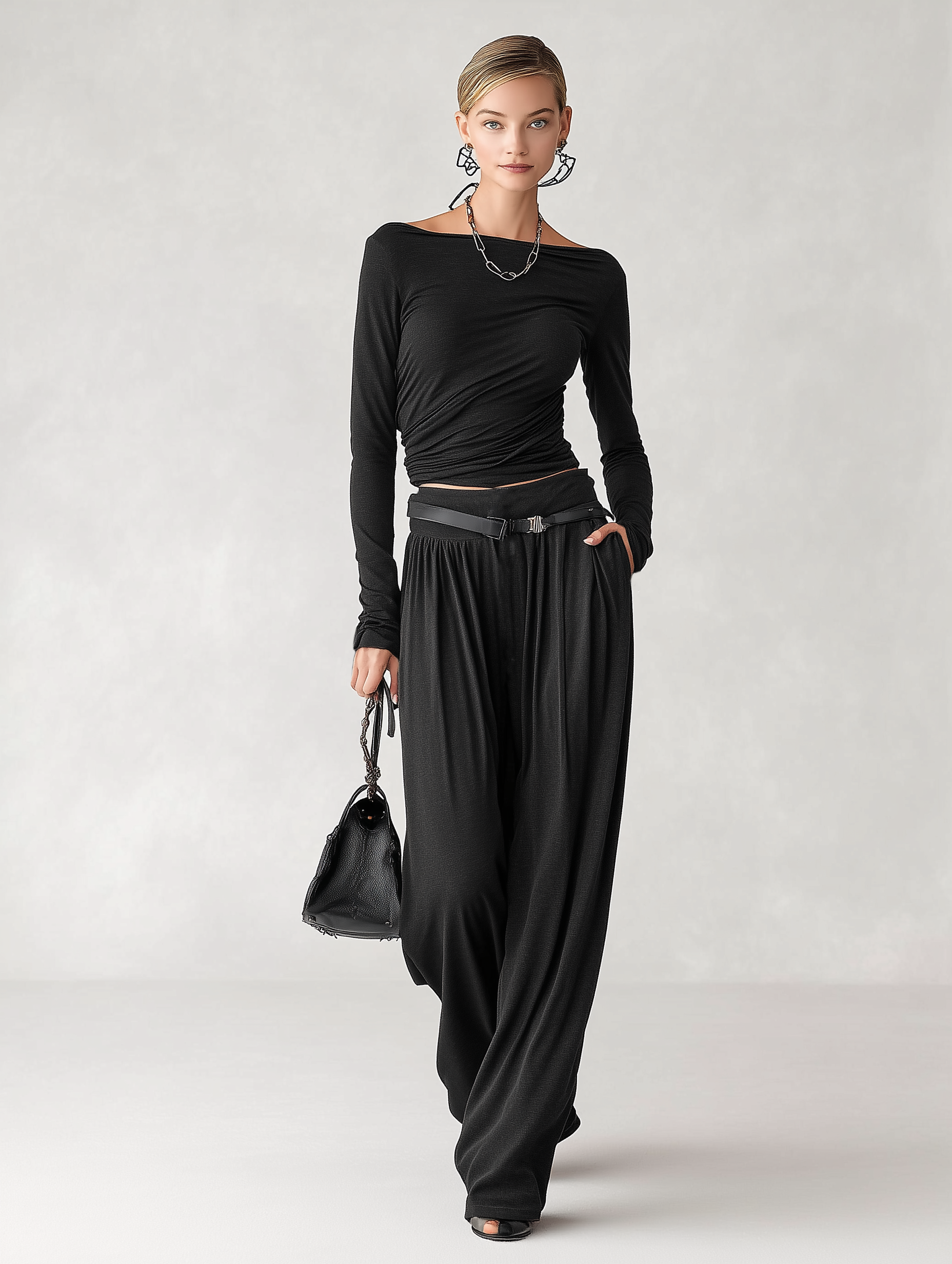 Women's Stretch Blend Boat Neck T-shirt And Wide-leg Pants Set (belt Not Included) MDA3180J2Y