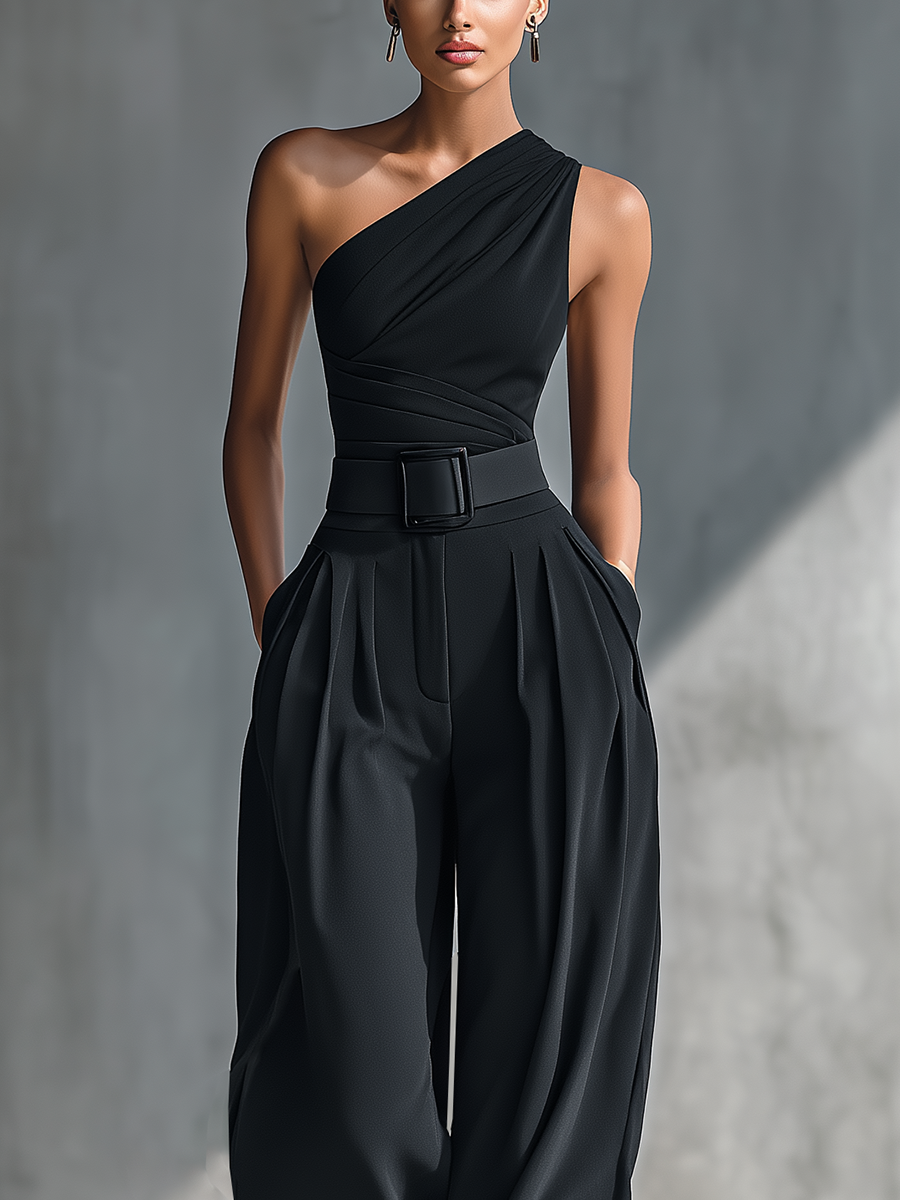 Women's Black High-elastic Knit Top And Acetate Wide-leg Pants MDZ1068B3T