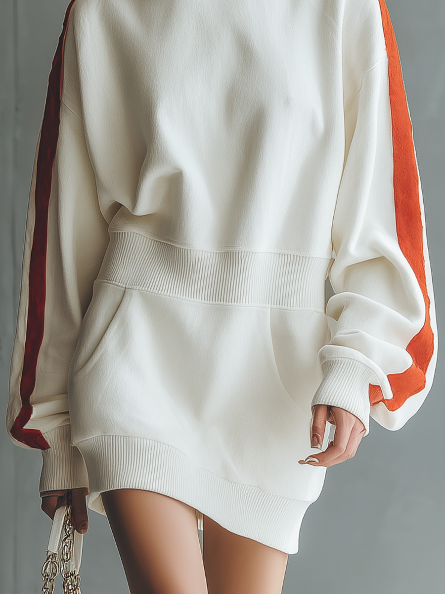 Women's White Cotton Blend Red Striped Loose Hooded Sweatshirt Mini Dress MDA2871J7T