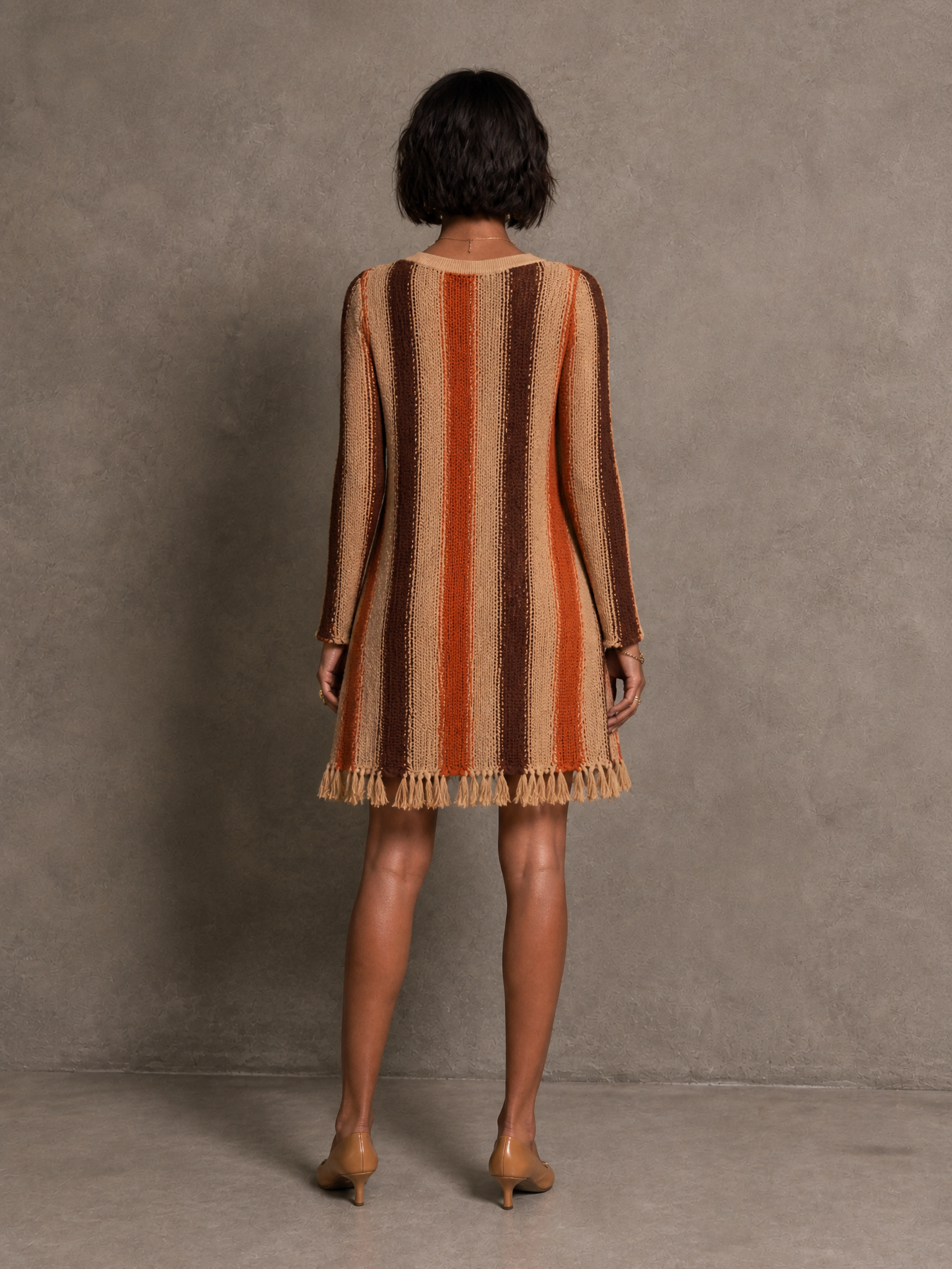 Women's Striped Fringe Bohemian Knit V-Neck Mini Dress MDZ2426H9GMJ