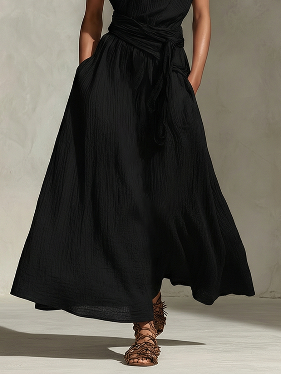 Women's Black Textured Dress With One-Shoulder Neckline & Belted Waist, Timeless Minimalist-Elegant Style Dress MDZ2876B0I