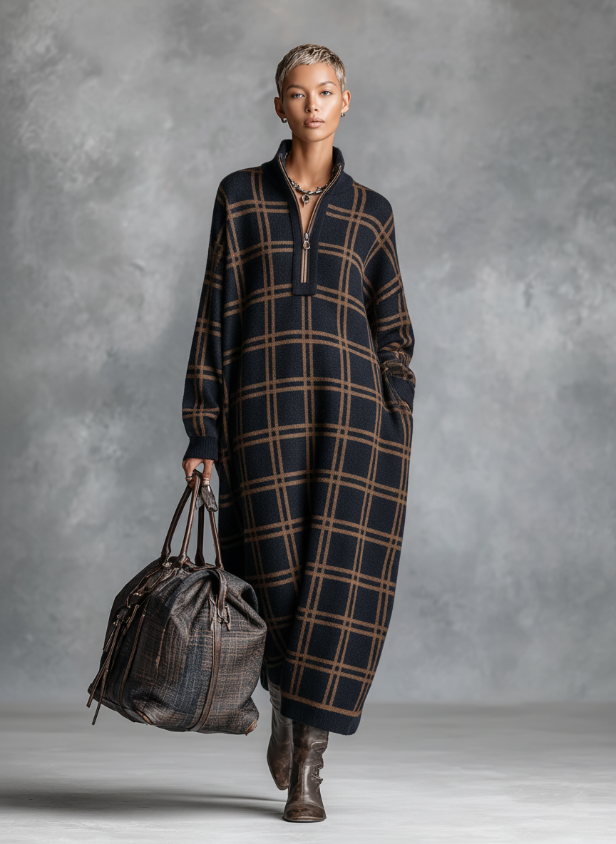 Women's Loose Plaid Zipper Neck Knitted Maxi Dress MDA1505J9Y