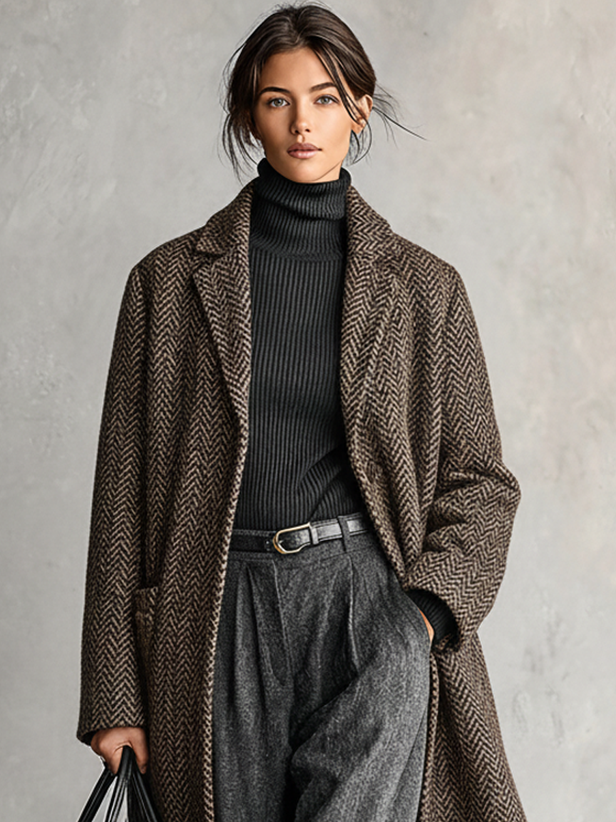 Women's Minimalist Loose Herringbone Wool Blend Lapel Long Coat MDA1780J3Y