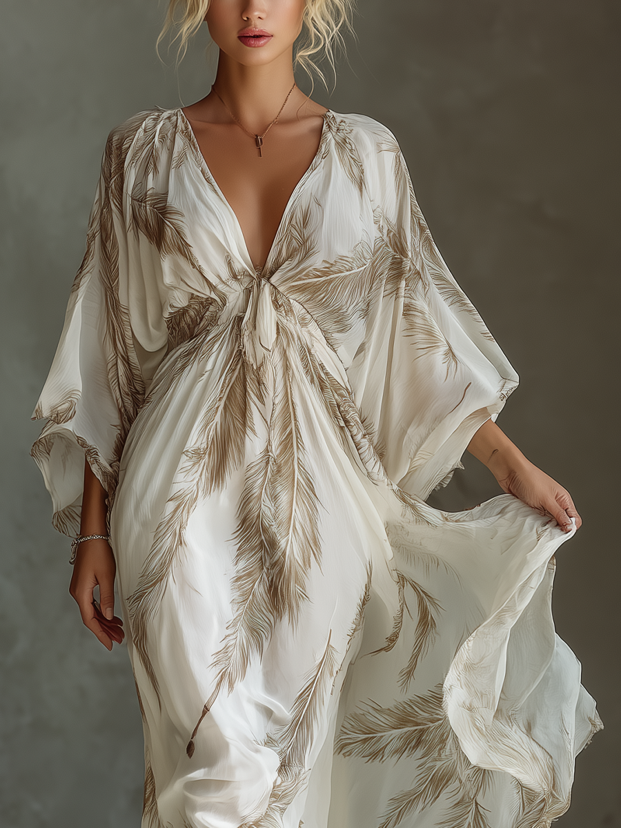 Women's Ivory And Taupe Chiffon Fabric Dolman Sleeve Maxi Dress With Twist Front & Palm Leaf Print MDZ0332B6T