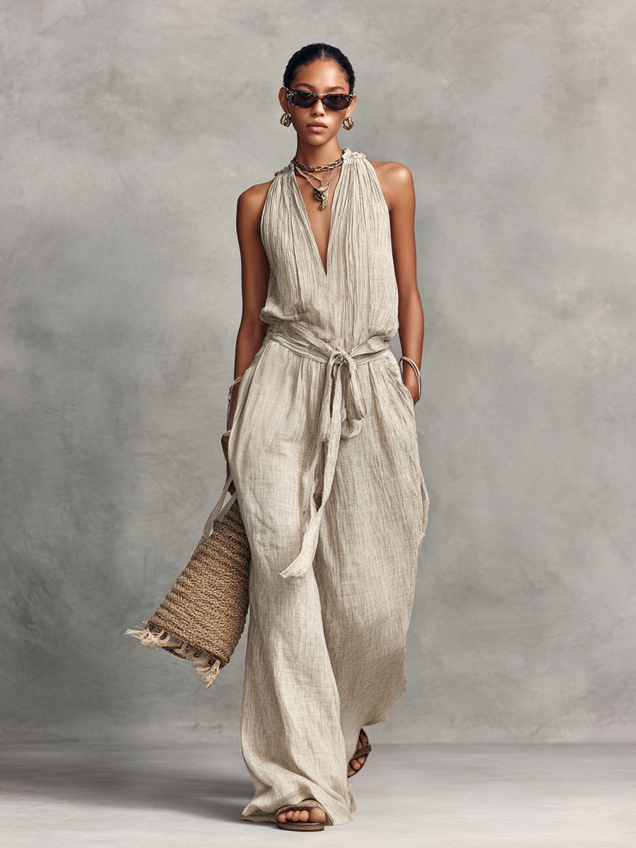 Women's Bohemian Style Beige Linen Blend V-Neck Wide-Leg Jumpsuit MDZ2743B0BA