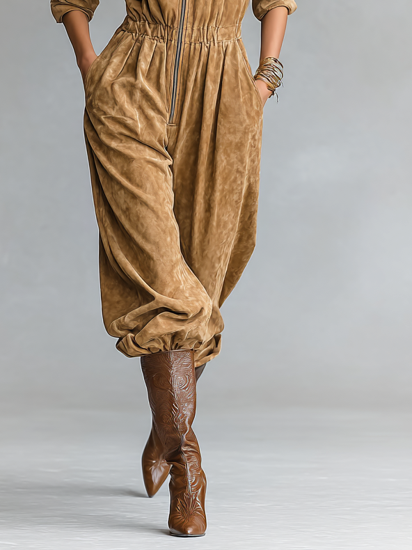 Women's Eco-Friendly Faux Suede Loose Lapel Zipper Long Sleeve Jumpsuit MDA3029G1Y