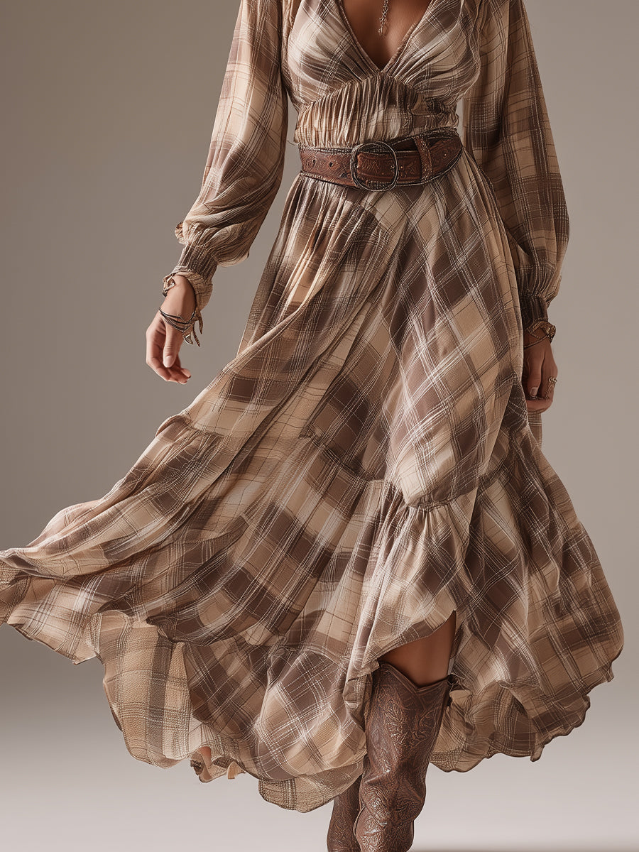 Women's Beige Bohemian Chiffon Plaid Belted Maxi Dress MDA0589H2I