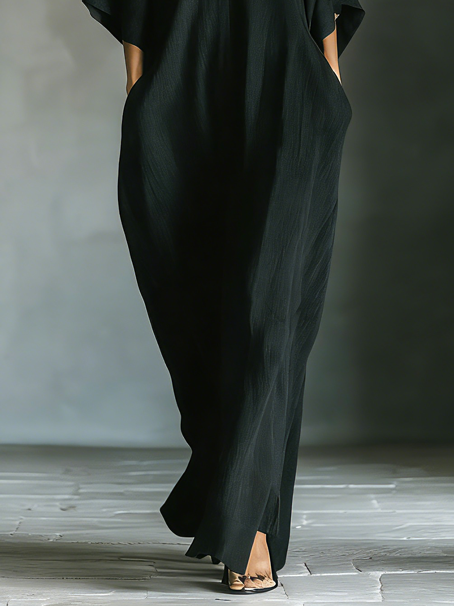 Women's Black Cotton Blend Fabric Oversized Kimono-Sleeve Maxi Dress With Pockets MDZ0577A3T