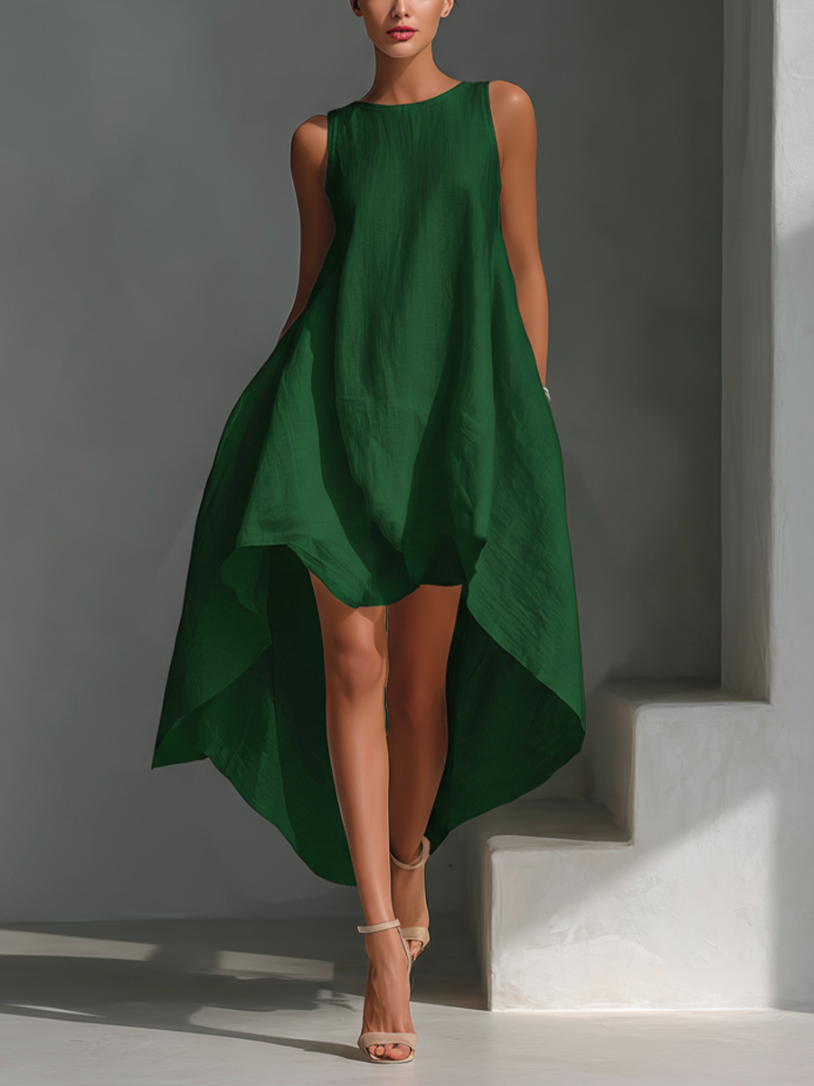 Women's White Linen Fabric Sleeveless Midi Dress With Round Neck & Asymmetric Hem MDZ0987B9T