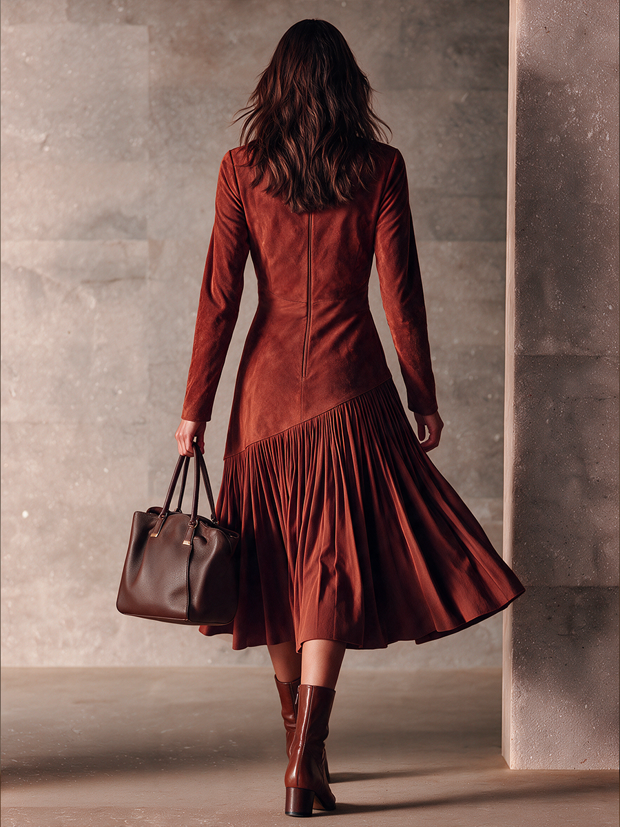 Women’s Vintage-Style Suede-Paneled Pleated Midi Dress