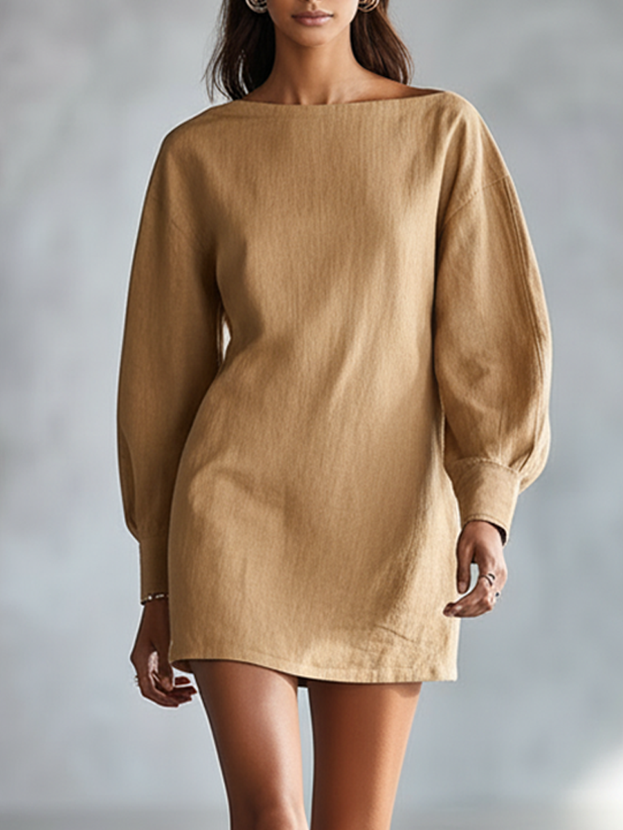 Women's Camel Loose Fit Puff Sleeve Mini Dress MDA1772L6AP