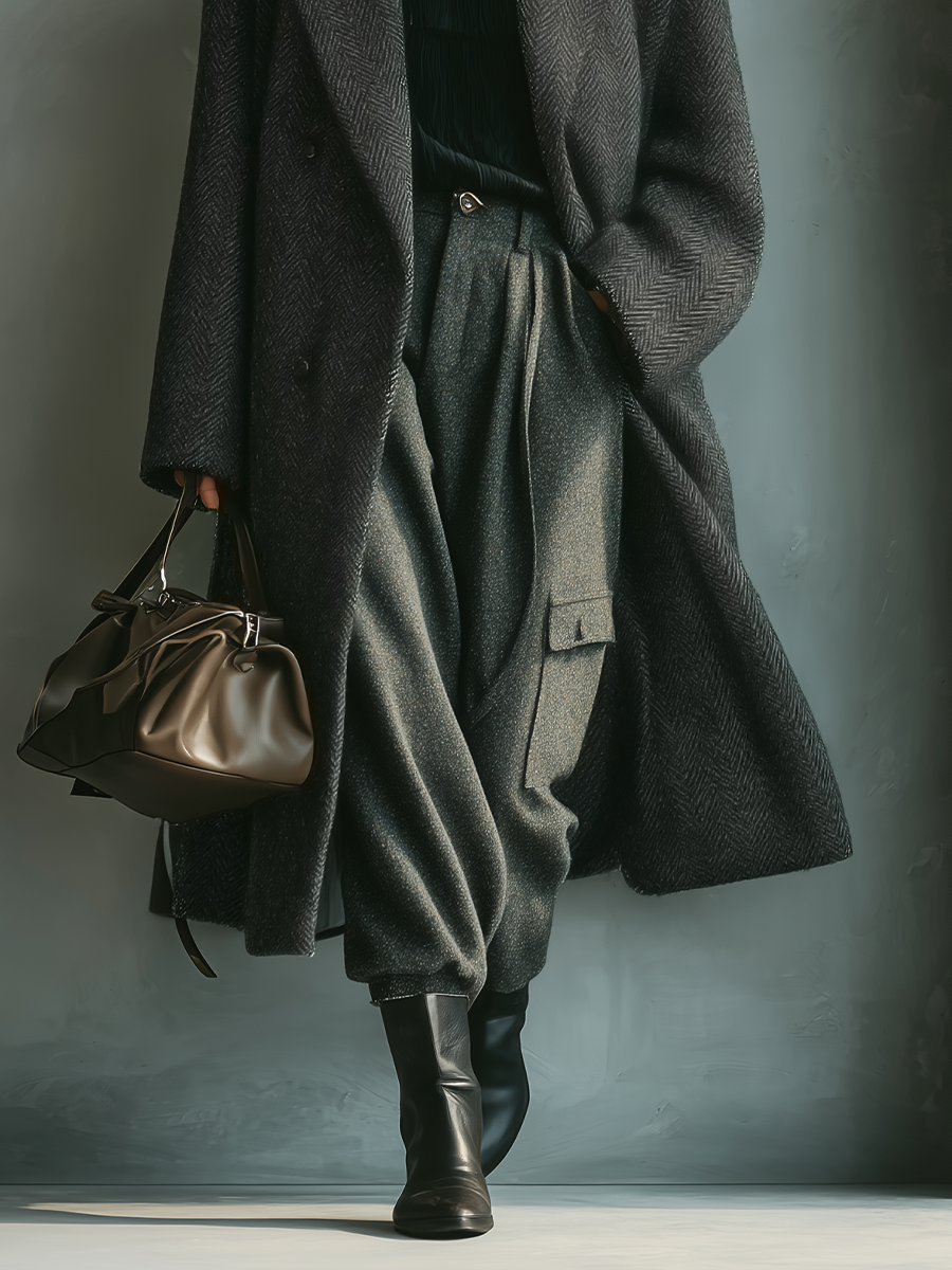 Women's Dark Grey Herringbone Wool Blend Coat MDA1847I0T