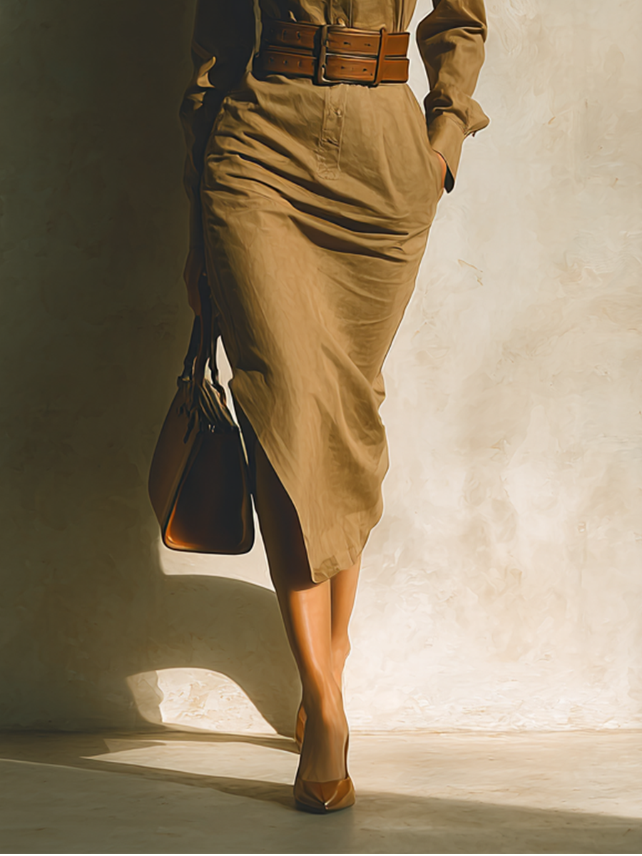 Women's Khaki Cotton Blend Fitted Waisted Maxi Dress (Without Belt) MDA0528H1T