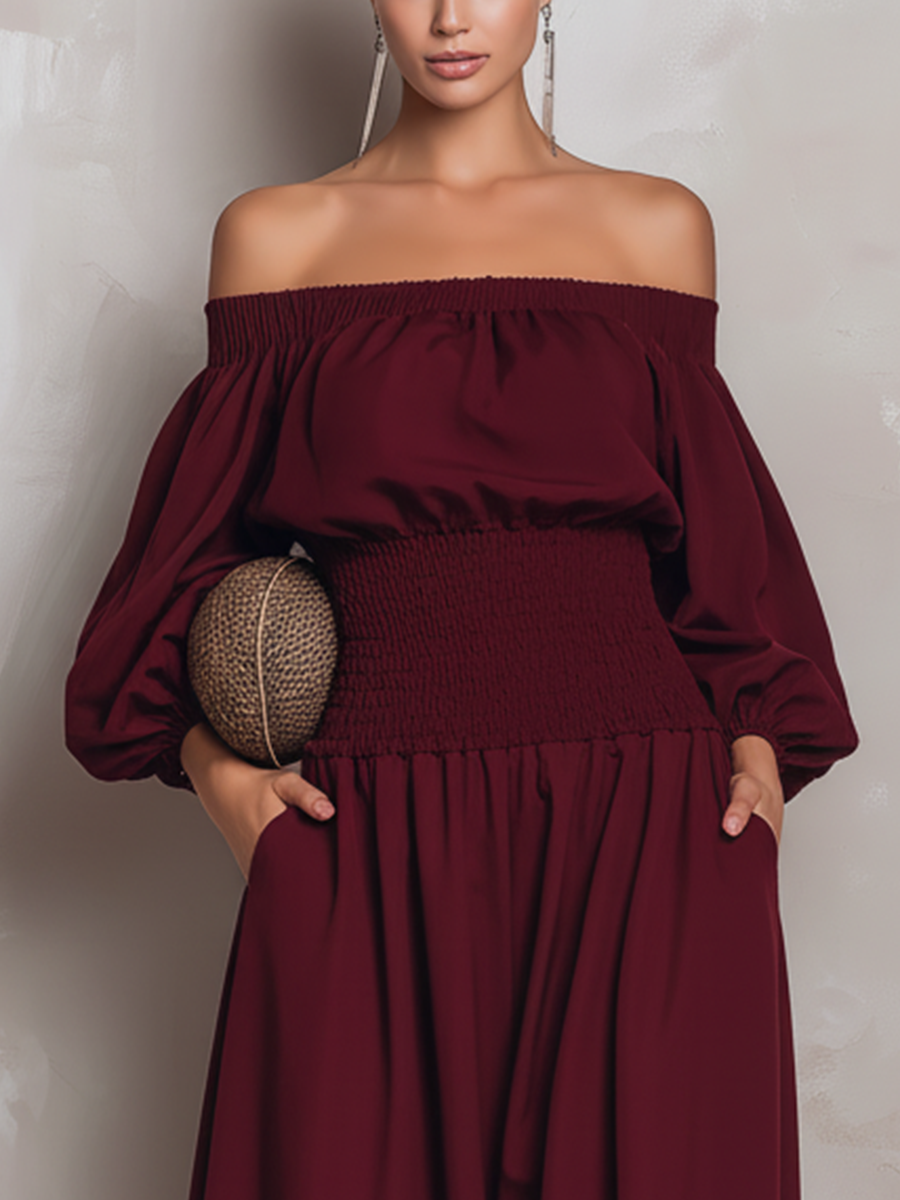 Women's Burgundy Cotton Blend Off-The-Shoulder Puff-sleeved Belted Long Jumpsuit MDA1107L8T