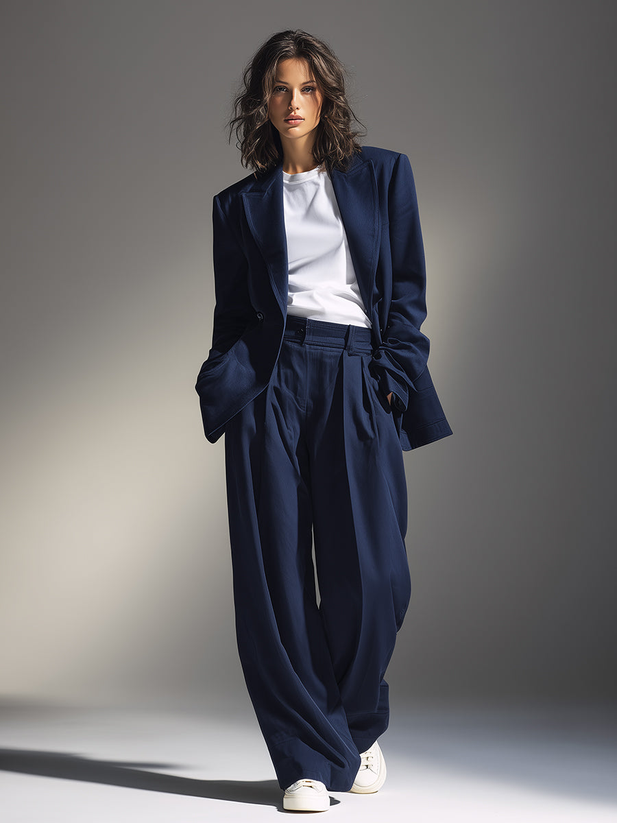 Women's Navy Structured Woven Set With Oversized Blazer & Wide-Leg Pants, Timeless Chic-Effortless Style Set MDA2694L0I
