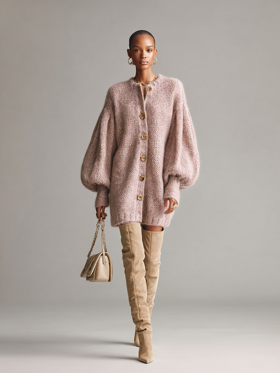 Women's Loose-fitting Mohair Mid-length Button-down Cardigan MDA2554K7AP