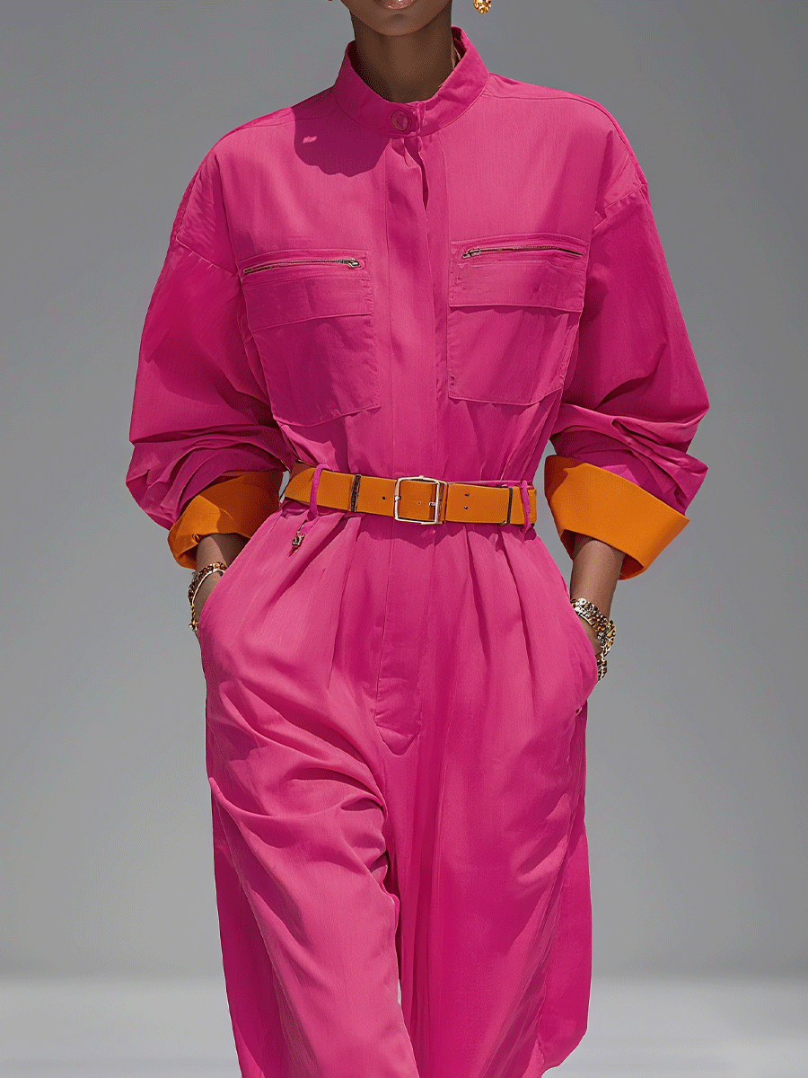 Women's High-Saturation Rose Pink Contrasting Cuffed Casual Work Jumpsuit (without belt) MDA3061G8I