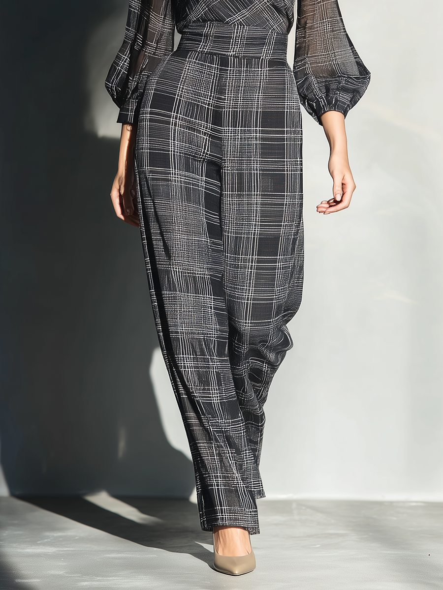 Women's Plaid V-Neck Cotton-Linen Jumpsuit MDA2297G7T