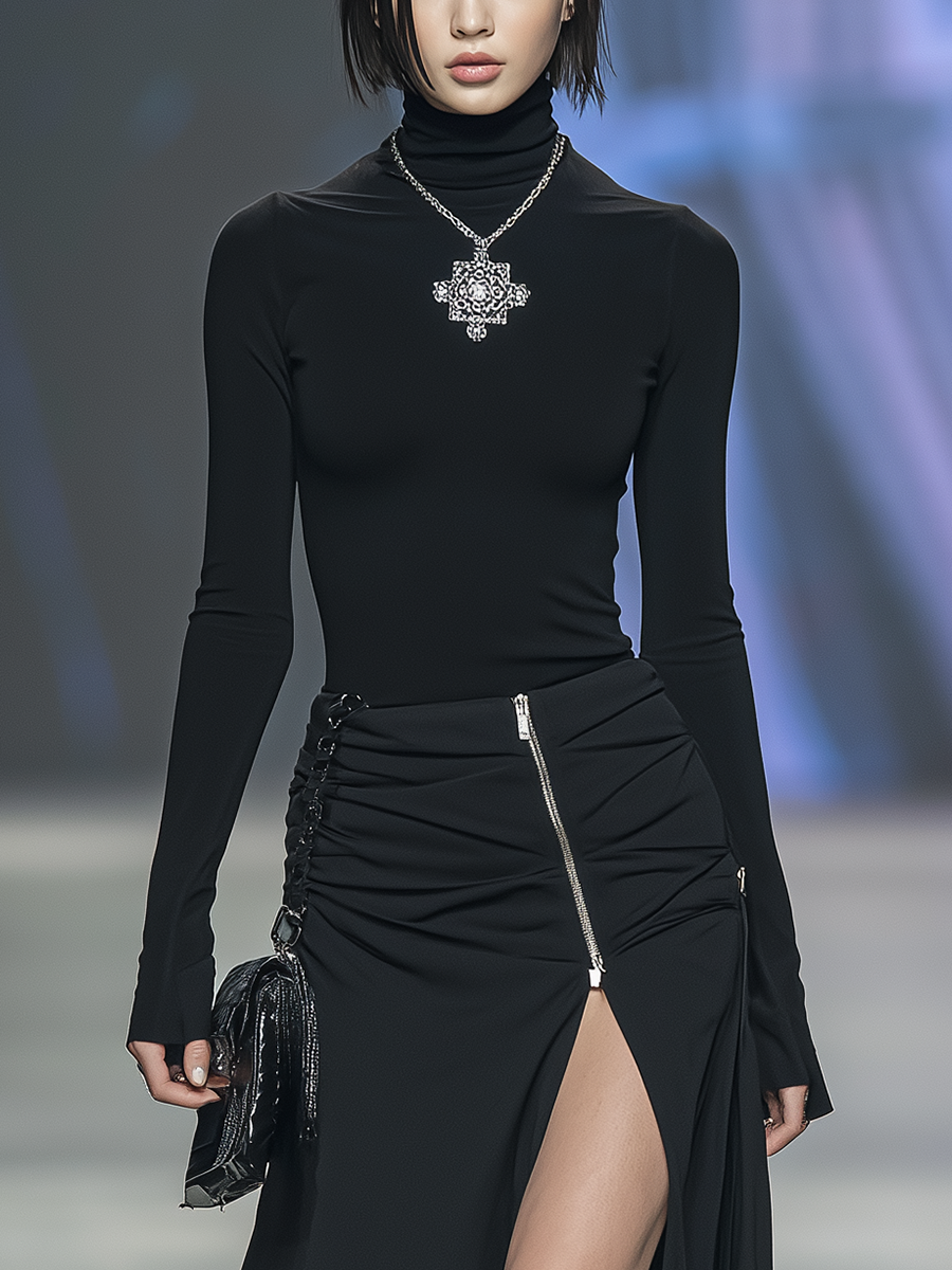 Women's Black Stretchy Knit Fabric Turtleneck Top & Ruched-Zipper Slit Midi Skirt Set MDA1804L8T