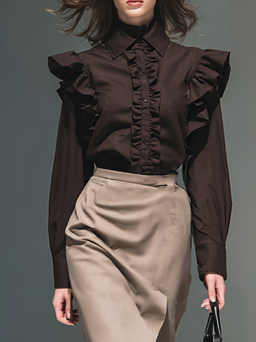 Women's Ruffled Button-Up Blouse And Beige High-Waist Pencil Skirt Set MDA2262K1AP