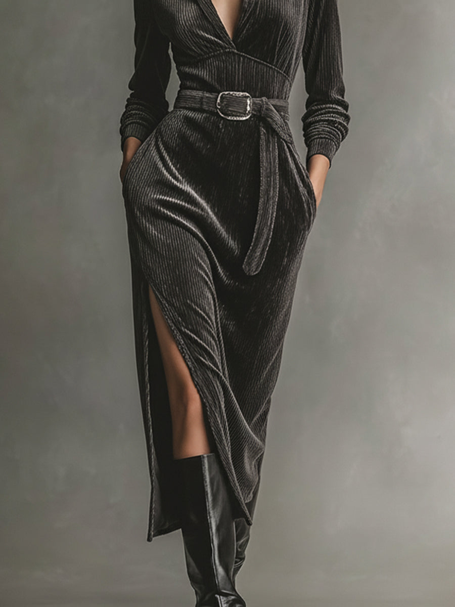 Women's Dark Grey Elegant Corduroy Collared Belted Side - Slit Midi Dress MDA1077J4I
