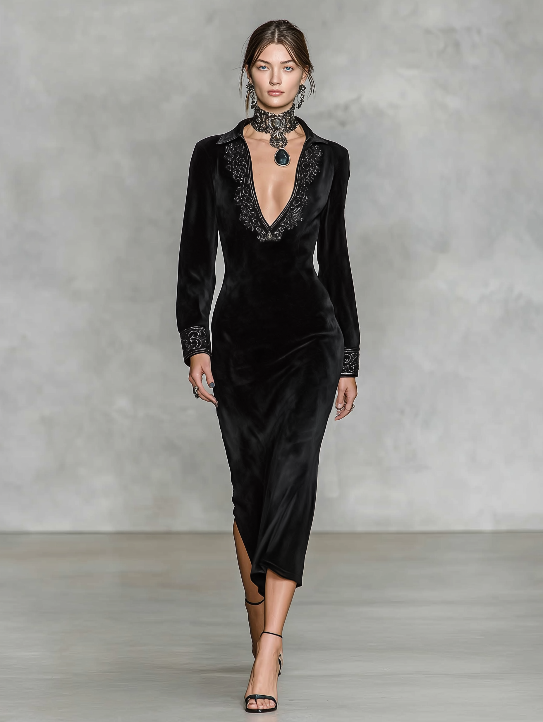 Women's Minimalist Velvet Embroidered Lapel V-neck Midi Dress MDA2406K4Y