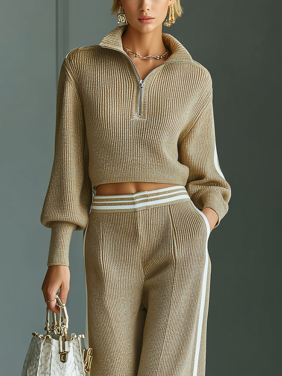 Women's Beige Knit Half-Zip Stand-Up Collar Top And Straight-Leg Pants Set MDA2776J2T