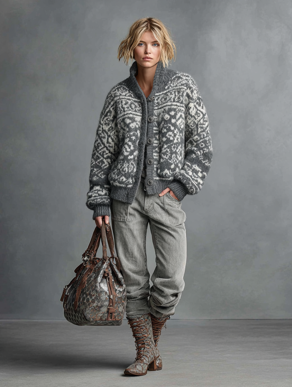 Women's Casual Knit Fair Isle Jacquard Single-Breasted Cardigan MDA2446I4Y