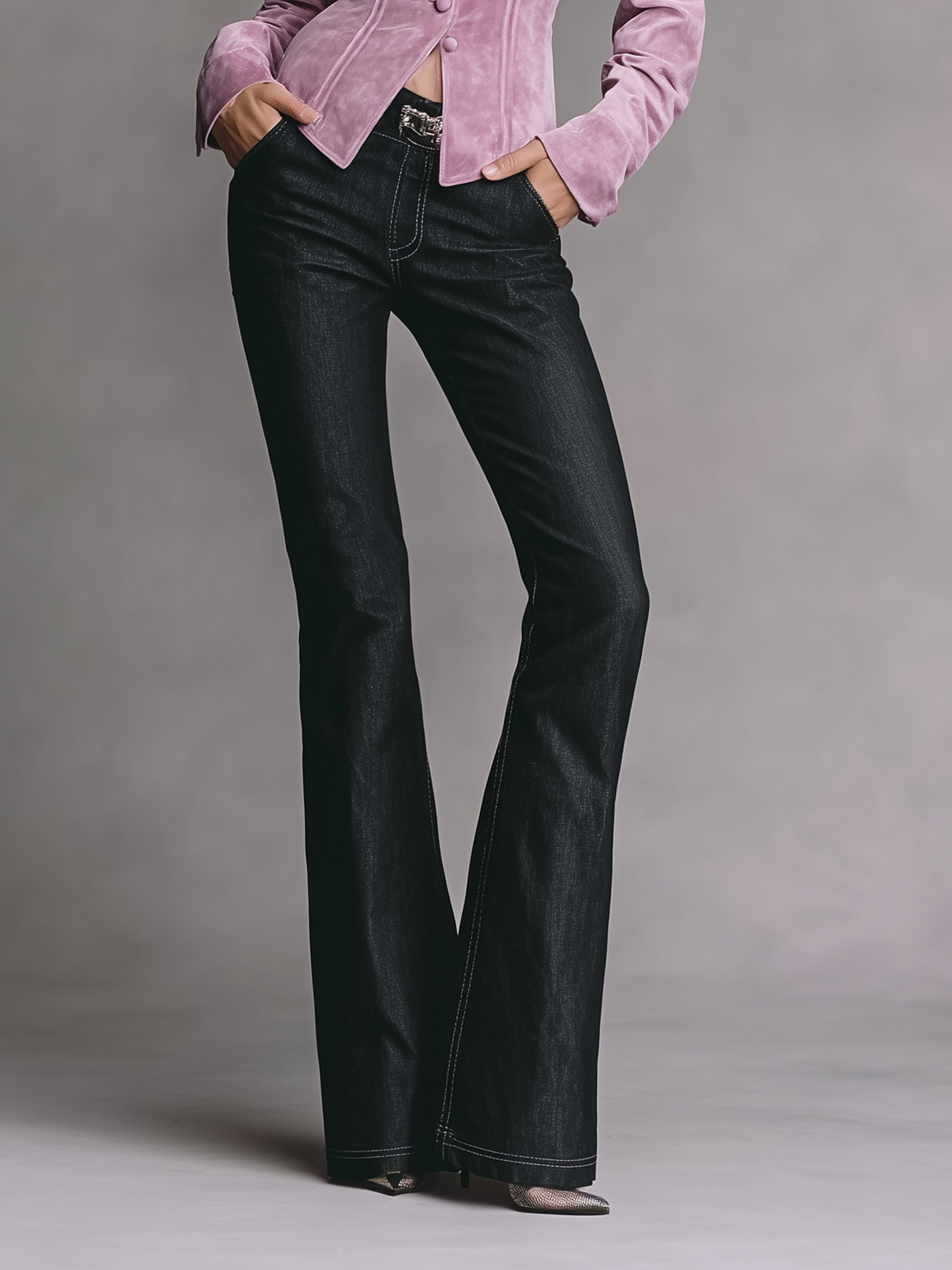 Women's Minimalist Faux Suede Shirt And Straight-leg Flared Jeans Set (belt Not Included) MDA2968K6Y