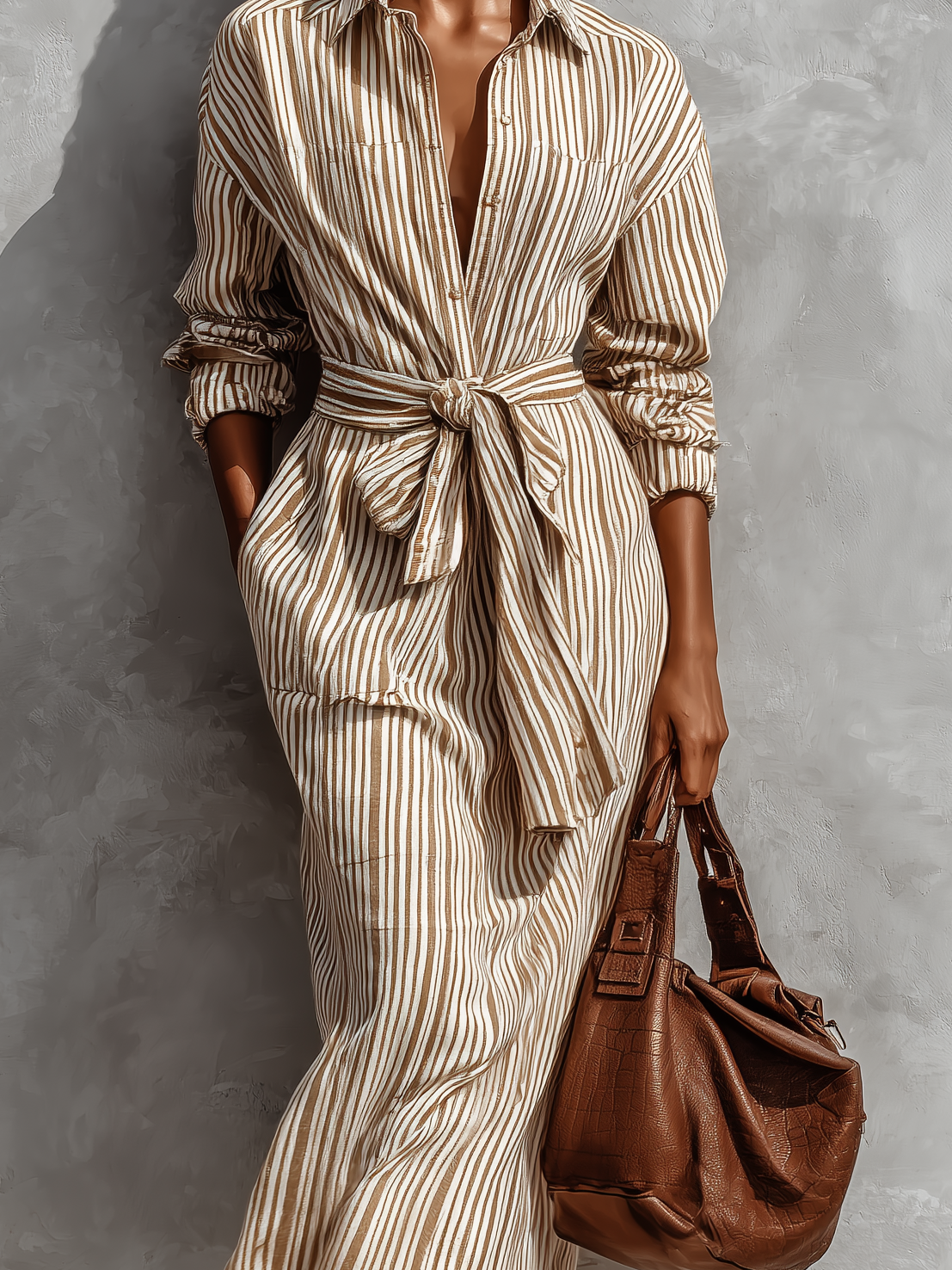 Women's Fashionable White And Brown Striped Long-sleeved Woven Shirt Dress With Belt MDA1501L3AN
