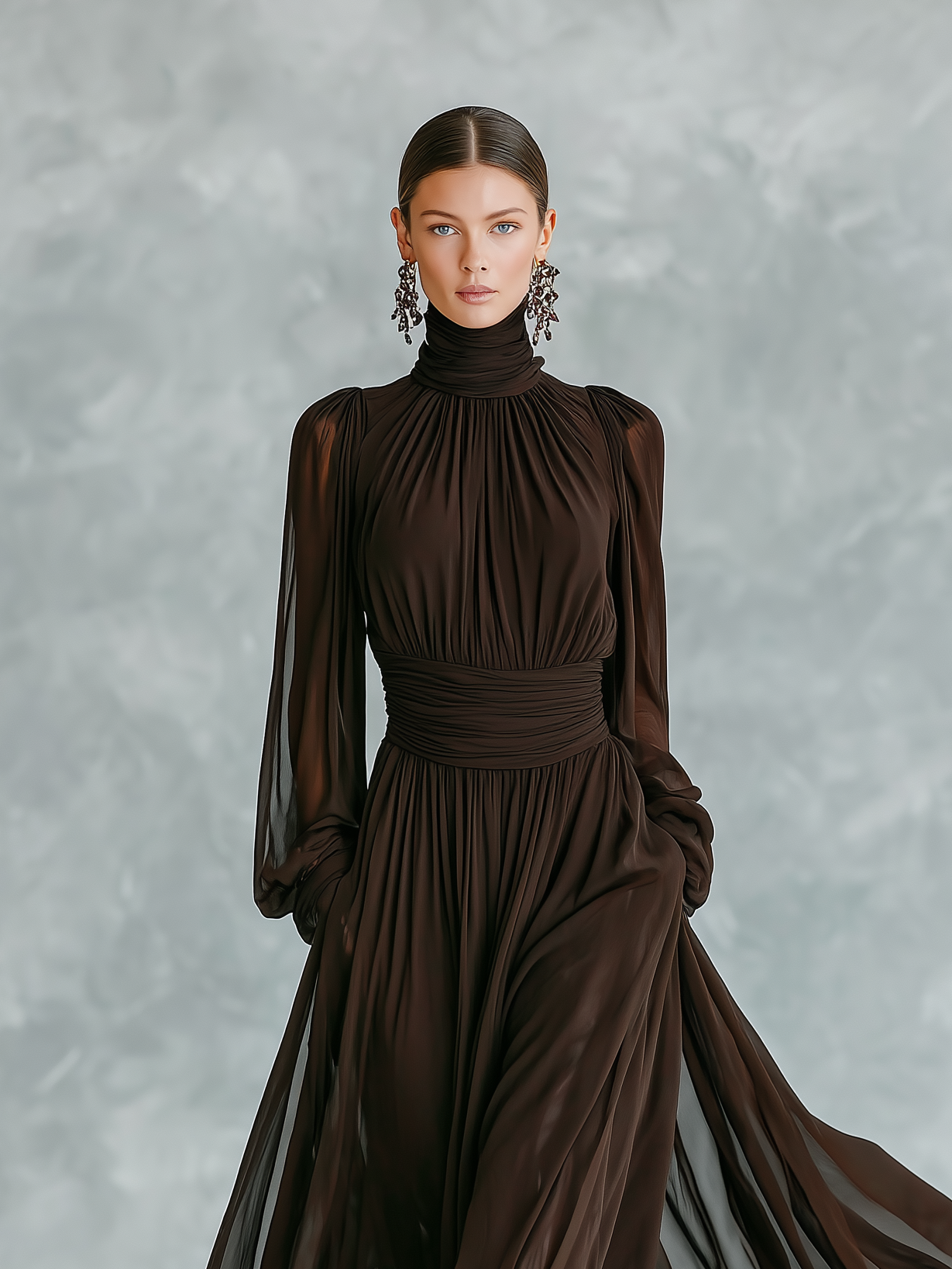 Women's Elegant Dark Brown High-neck Long-sleeved Chiffon Fitted Waist Maxi Dress MDA0944L1AN