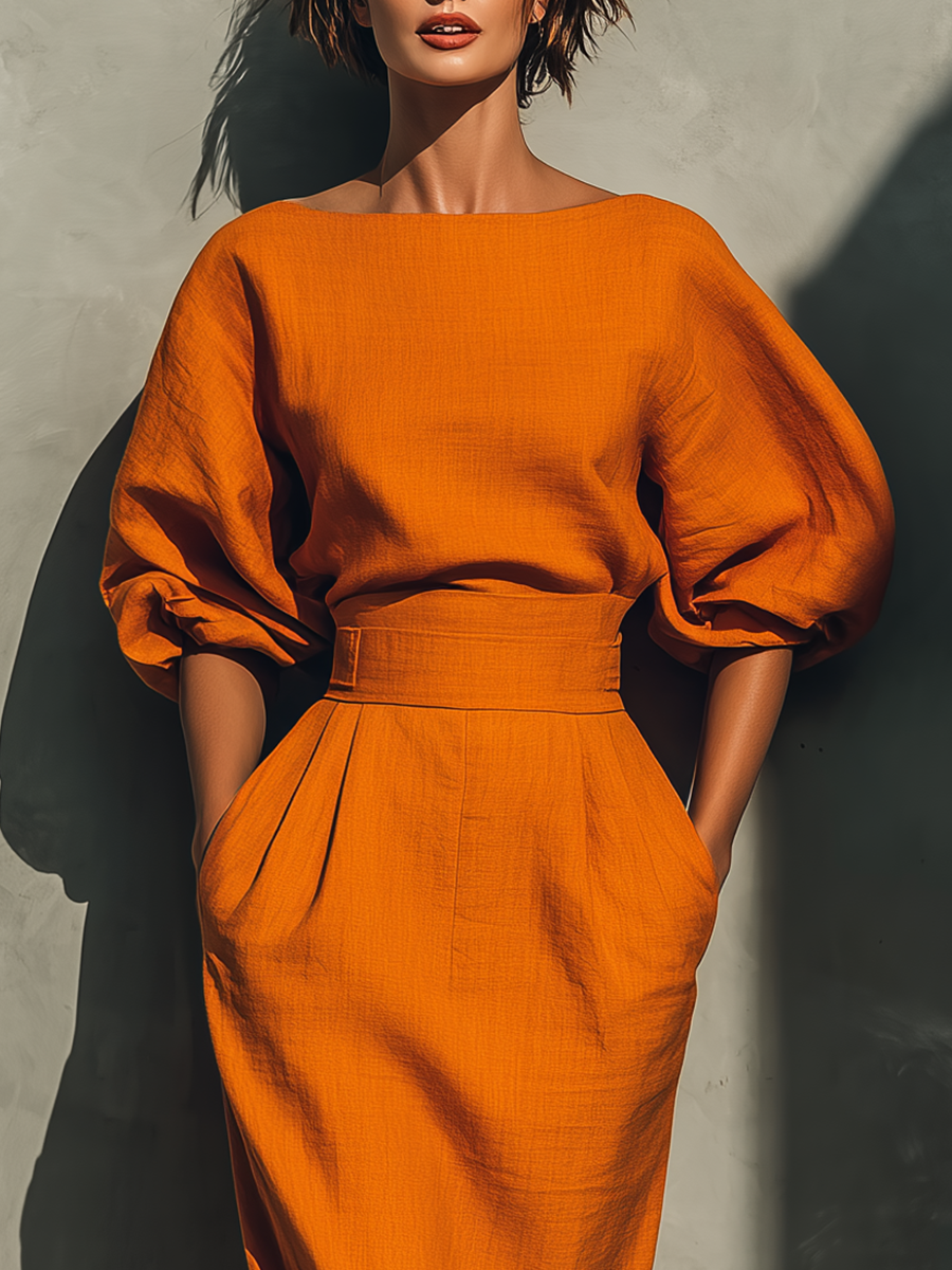 Ladies Orange Cotton-Linen Blend Vibrant Midi Skirt Set MDA2511G6T