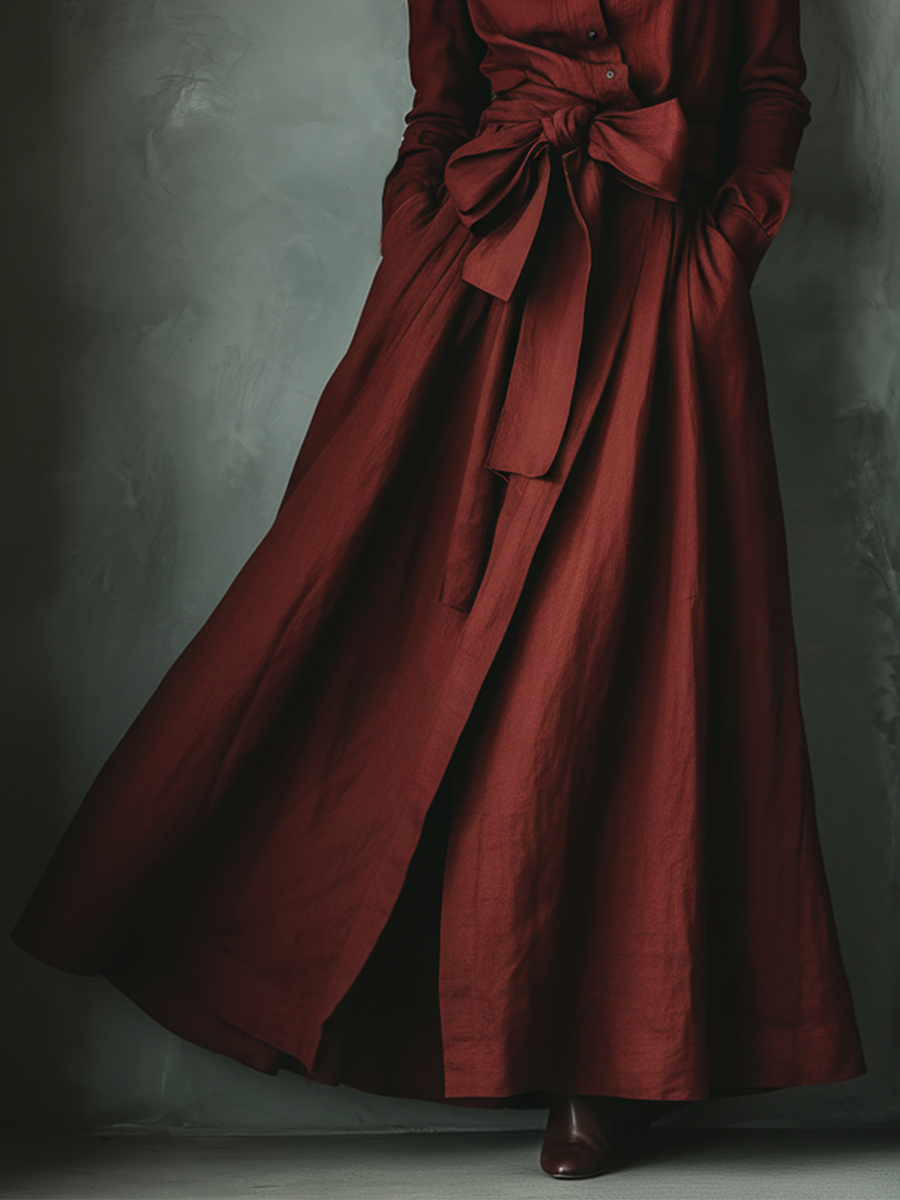 Women's Burgundy Linen Blend Blouse And Bow-tie Fitted Lapel Long Skirt Set MDA0156L8T