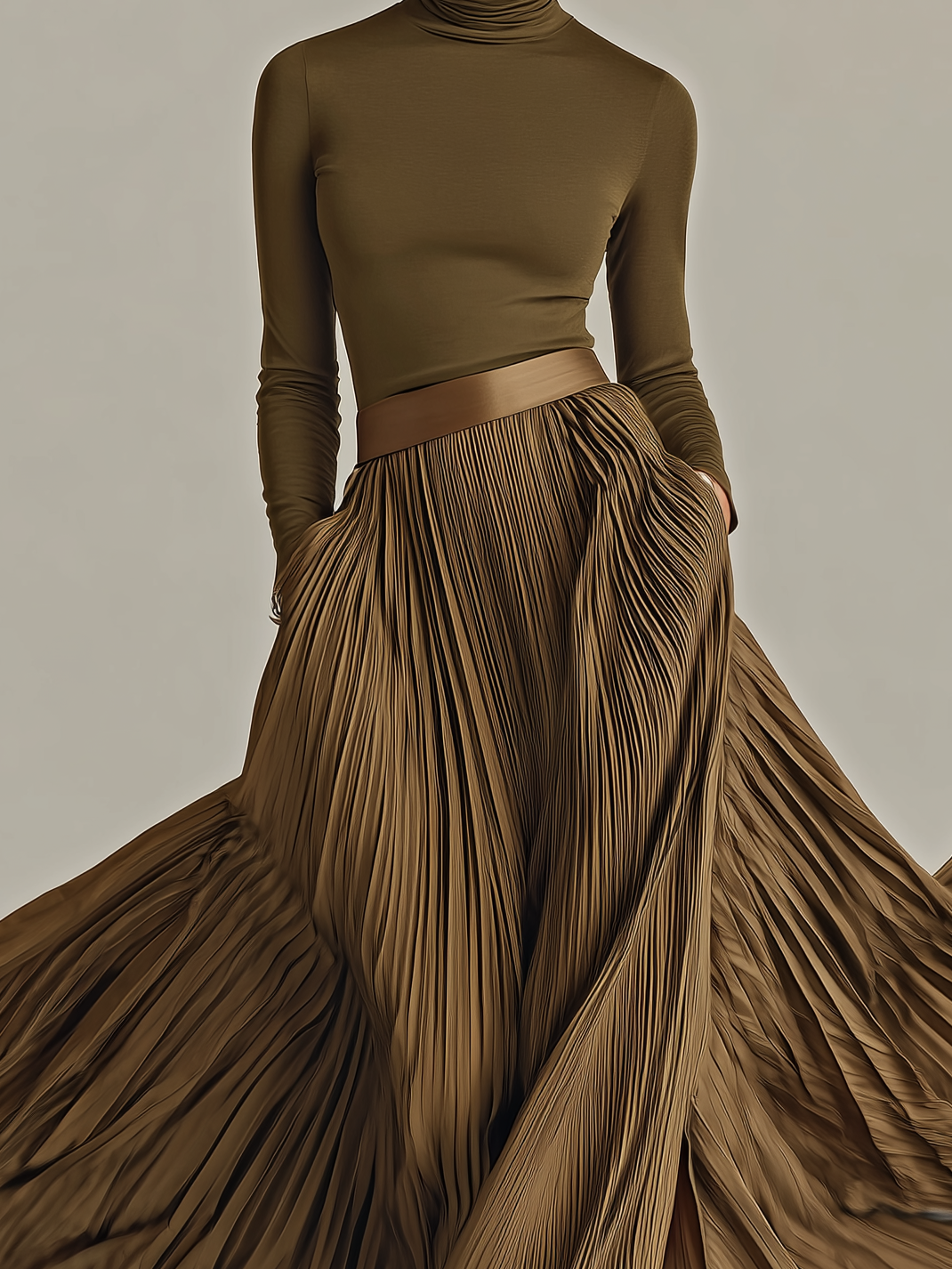 Women's Elegant Military Green Knitted Turtleneck Long-sleeved Pleated Maxi Dress MDA1777L9AN