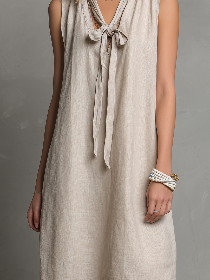 Women's Simple Beige Cotton Linen V-neck Sleeveless Loose Midi Dress MDZ2573B9AN