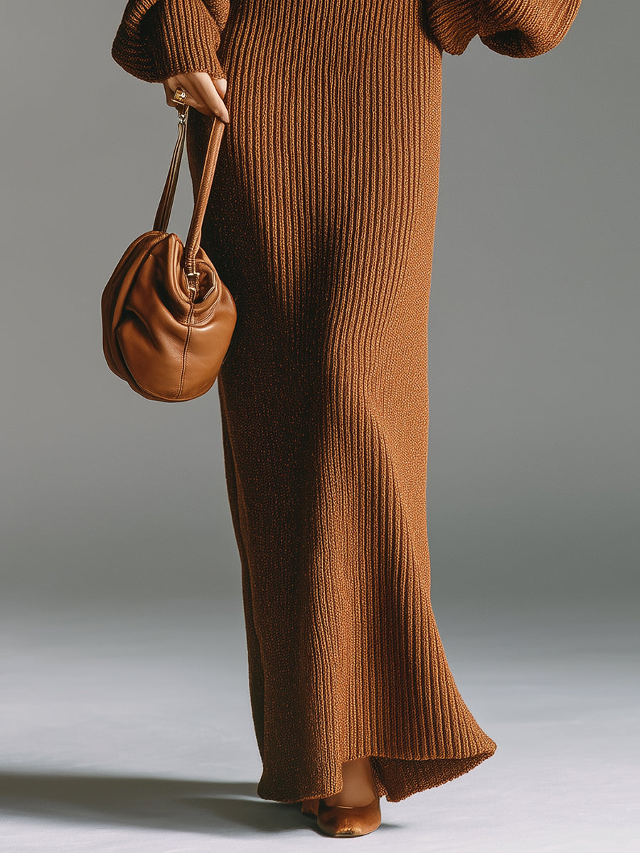 Women's Brown Knitted Retro-Chic Maxi Dress With Square Neck & Puff Sleeves MDA2293J0I