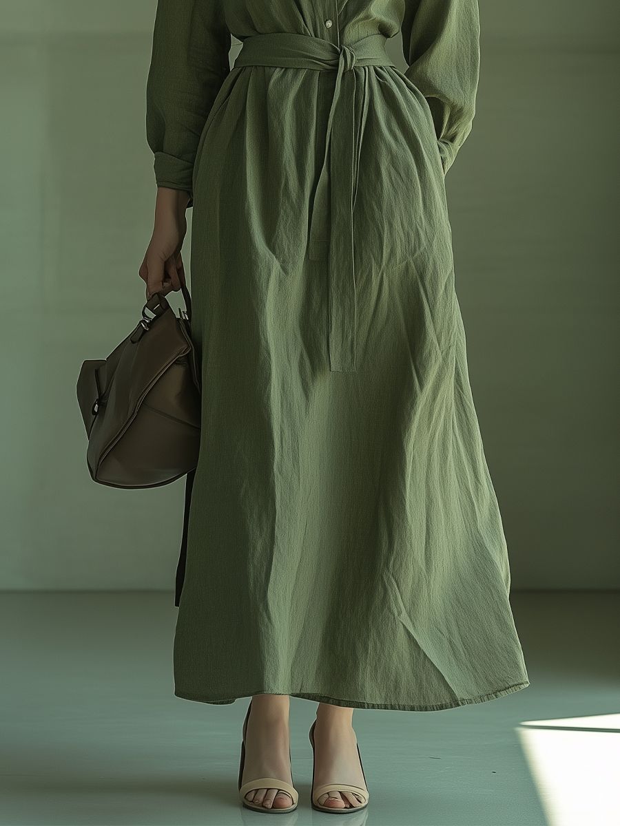 Women's Olive Green Cotton-linen Fabric Lapel Tie Waist-cinching Long Dress MDA2889K7T