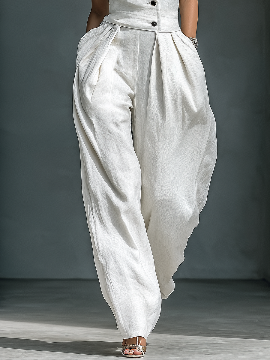Women's White Sleeveless Jumpsuit With Button Front & High-Waisted Trousers MDZ2504B1T