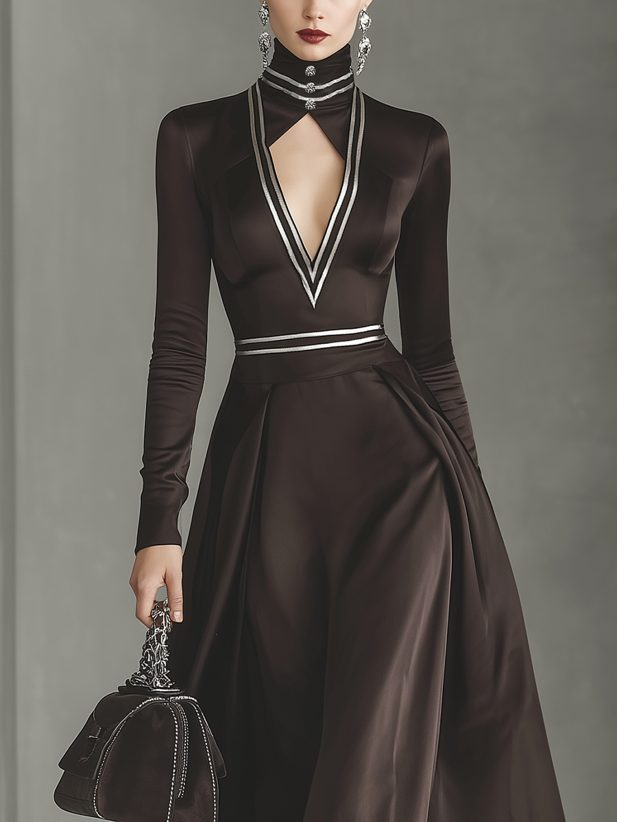 Women's Dark Brown Matte Satin High Neck Silver Contrast Maxi Dress MDA2776J8T