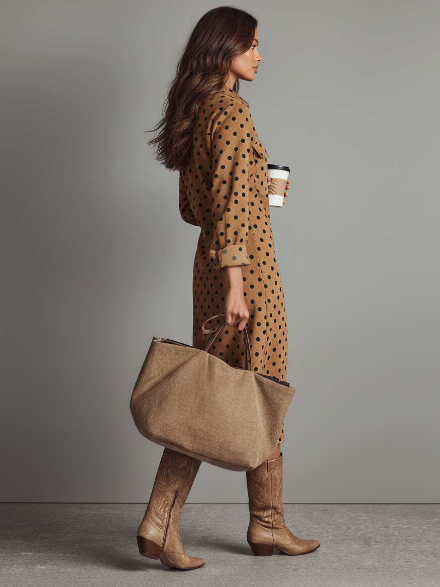 Women's Polka Dot Faux Suede Shirt Midi Dress MDA2622I3Y